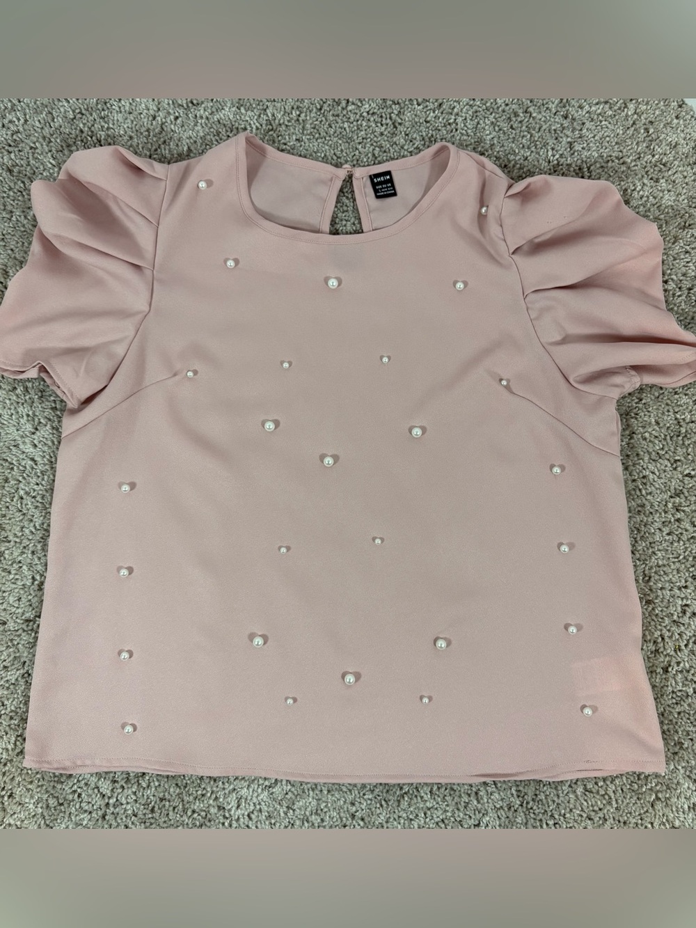 SHEIN Blush Pink Pearl-Accent Puff Sleeve Long Sleeve Dress